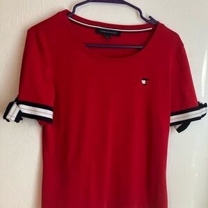 Tommy Hilfiger Red Short Sleeve Scoop Neck Top with Striped Sleeve Detail